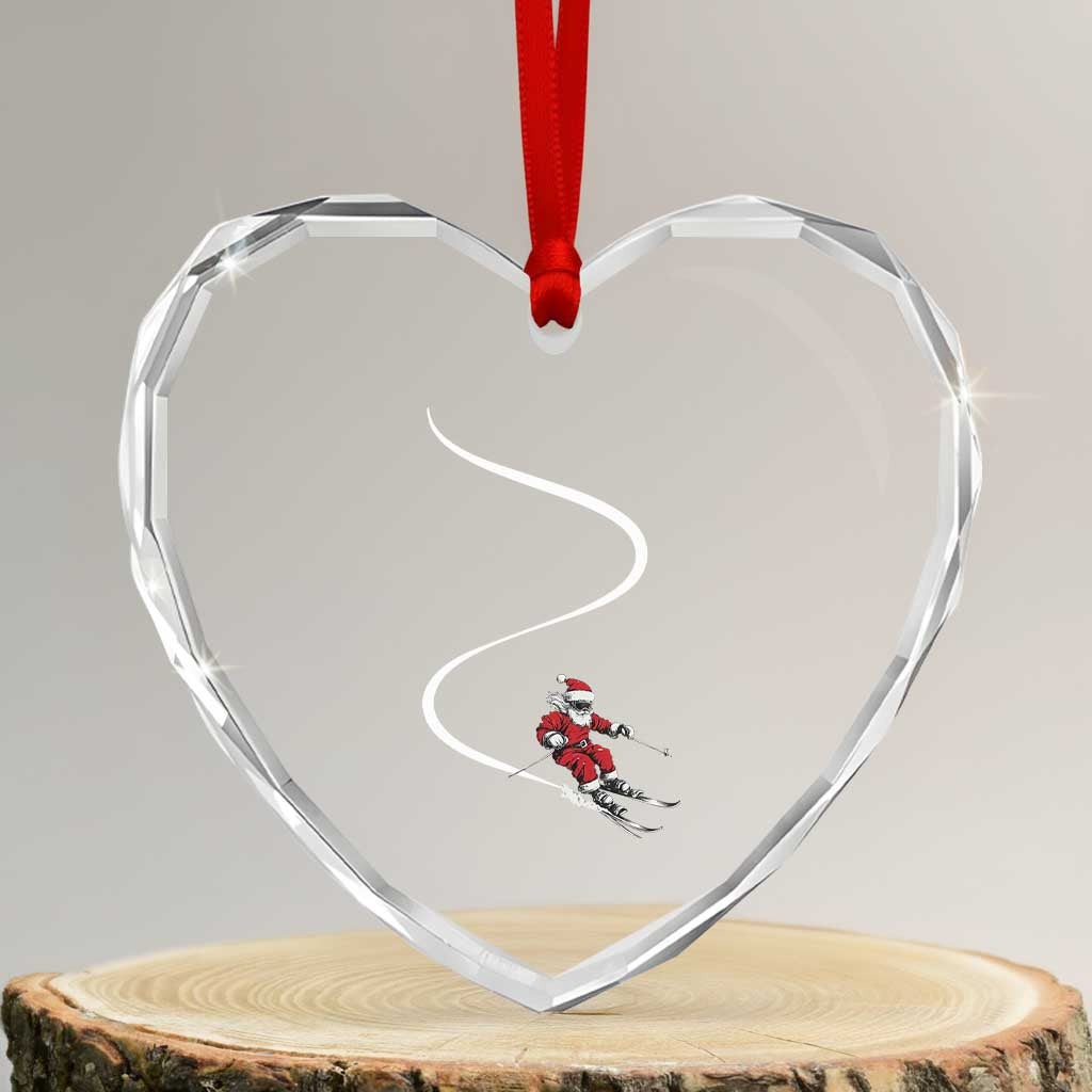 Skiing Santa Christmas Heart Crystal Glass Ornament Retro Funny Ski Trip Freeride Freeski Winter Sports Skiers TS10 Transparent Glass 3'' Heart Print Your Wear