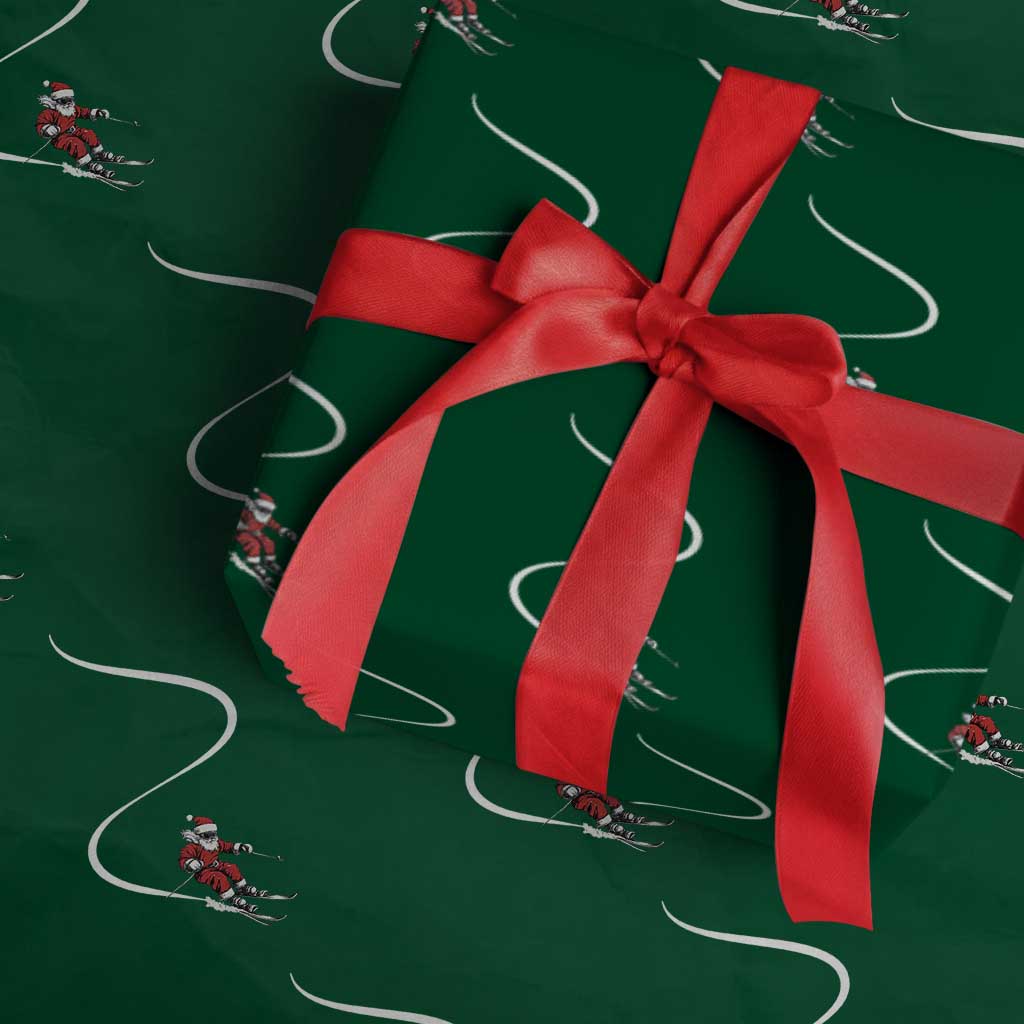 Skiing Santa Christmas Wrapping Paper Roll Retro Funny Ski Trip Freeride Freeski Winter Sports Skiers TS10 Green Print Your Wear