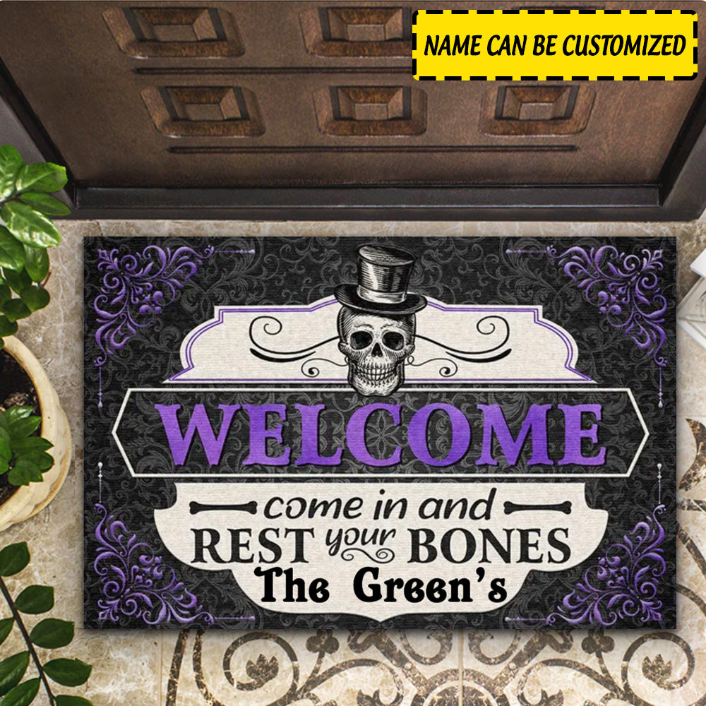 Personalized Halloween Decor Skeleton Welcome Come In and Rest Your Bones Doormat Black CTM Custom - Printyourwear