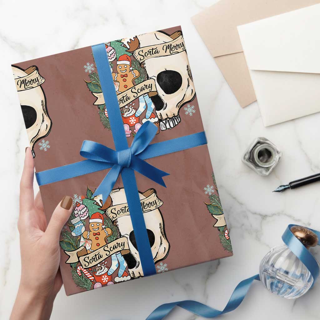 Skull Christmas Wrapping Paper Roll Sorta Scary Sorta Merry TS02 Mocha Print Your Wear