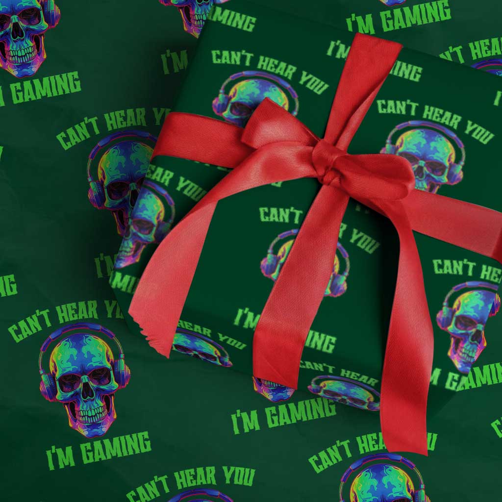 Skull Gamer Wrapping Paper Roll Can't Hear You I'm Gaming Funny Video Game Lover Player TS02 Green Print Your Wear
