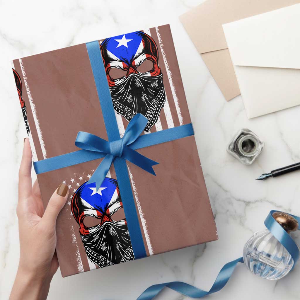 Skull Puerto Rican American Flag Wrapping Paper Roll With Bandana TS10 Mocha Print Your Wear