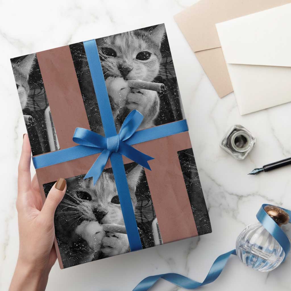 Smoking Cat Y2K Wrapping Paper Roll Vintage Grunge Cat Edgy Retro 90s Streetwear TS10 Mocha Print Your Wear