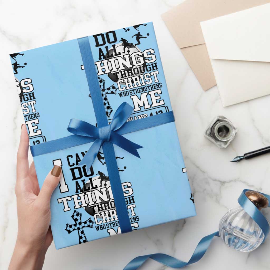 Soccer Christian Gift Wrapping Paper Roll I Can Do All Things Through Christ TS12 Light Blue Print Your Wear