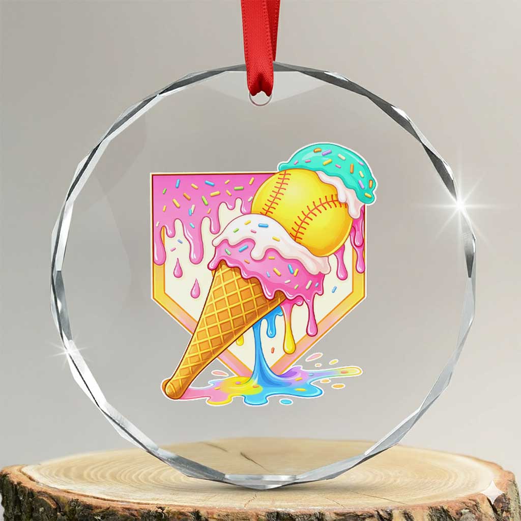 Softball Drip Crystal Glass Ornament Cute Softball Girls Ice Cream Drip Game Day TS10 Transparent Glass 3'' Circle Print Your Wear