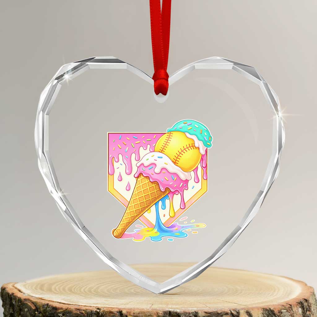 Softball Drip Heart Crystal Glass Ornament Cute Softball Girls Ice Cream Drip Game Day TS10 Transparent Glass 3'' Heart Print Your Wear