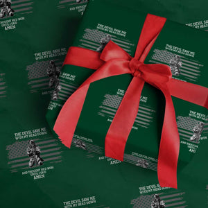 Soldier Skull Christian Faith Quote Wrapping Paper Roll The Devil Saw Me With My Head Down And Thought He'd Won TS12 Green Print Your Wear