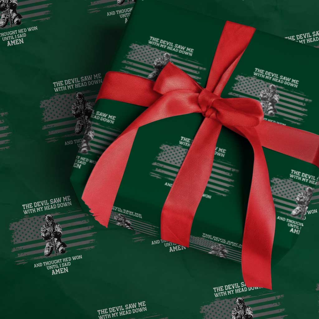 Soldier Skull Christian Faith Quote Wrapping Paper Roll The Devil Saw Me With My Head Down And Thought He'd Won TS12 Green Print Your Wear