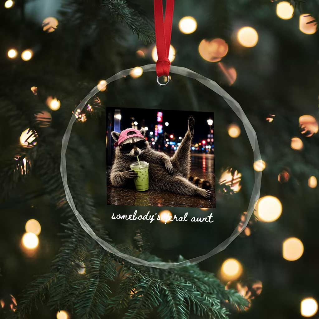 Somebody's Feral Aunt Crystal Glass Ornament Raccoon Drinking Iced Matcha Latte Sarcastic Animal Humor