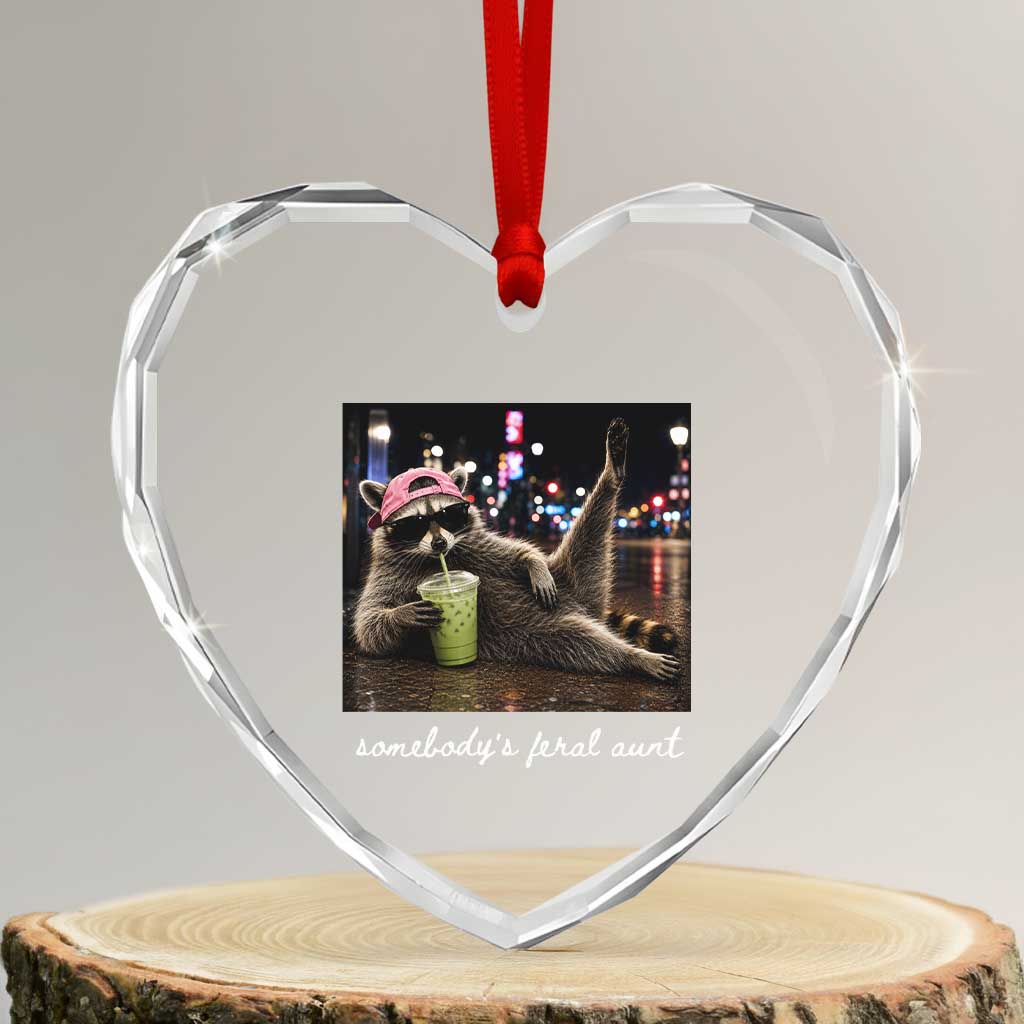 Somebody's Feral Aunt Heart Crystal Glass Ornament Raccoon Drinking Iced Matcha Latte Sarcastic Animal Humor TS14 Transparent Glass 3'' Heart Print Your Wear