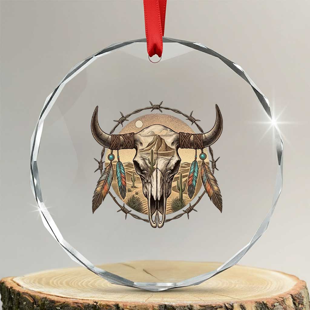 Southwestern Desert Bull Skull Crystal Glass Ornament Rustic Western Feather Emblem TS12 Transparent Glass 3'' Circle Print Your Wear