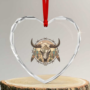 Southwestern Desert Bull Skull Heart Crystal Glass Ornament Rustic Western Feather Emblem