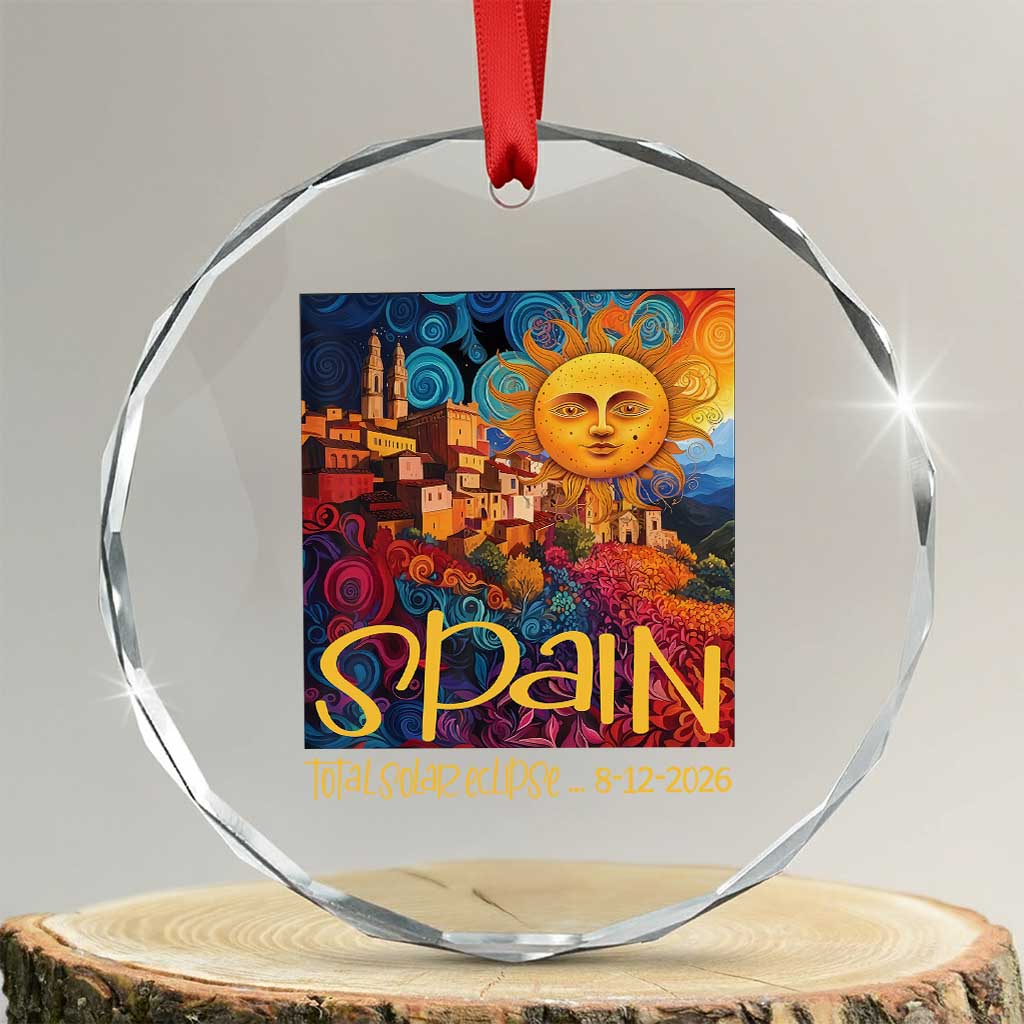 Spain 2026 Total Solar Eclipse Sun Face Graphic Crystal Glass Ornament Espana Totality Travel Memorabilia Astronomy Geek Gift TS02 Transparent Glass 3'' Circle Print Your Wear