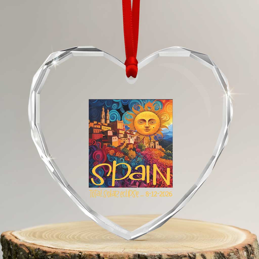 Spain 2026 Total Solar Eclipse Sun Face Graphic Heart Crystal Glass Ornament Espana Totality Travel Memorabilia Astronomy Geek Gift TS02 Transparent Glass 3'' Heart Print Your Wear