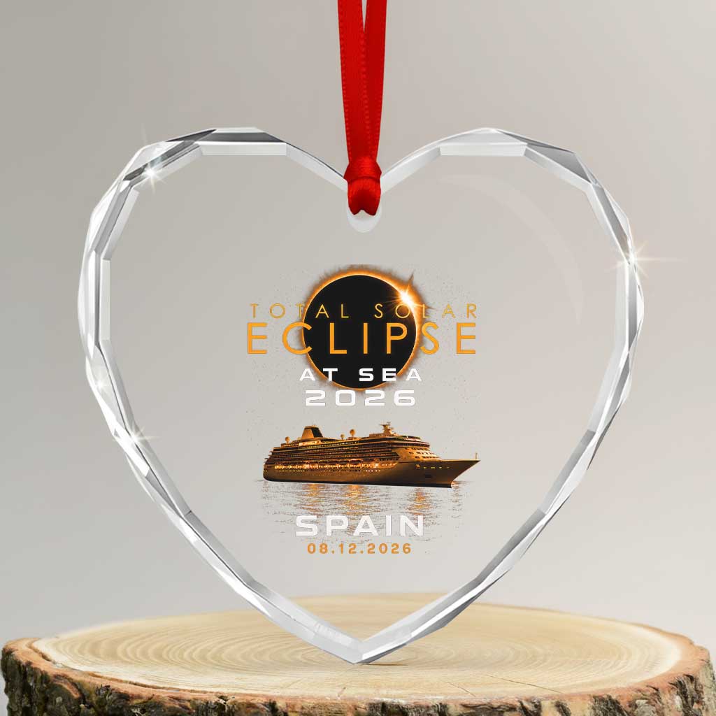 Spain Total Solar Eclipse 2026 At Sea Cruise Heart Crystal Glass Ornament