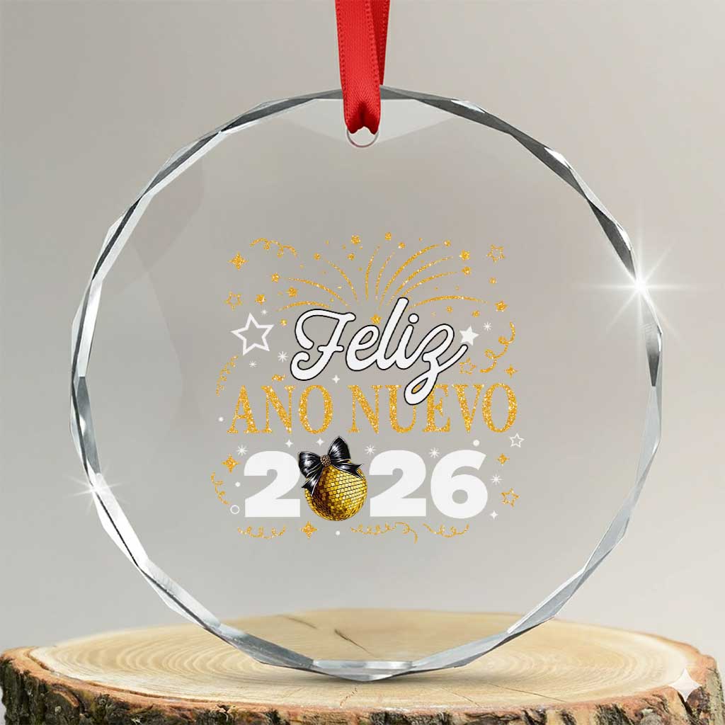Spanish New Year 2026 Crystal Glass Ornament Feliz Ano Nuevo NYE Party Faux Glitter Effect Printed TS11 Transparent Glass 3'' Circle Print Your Wear