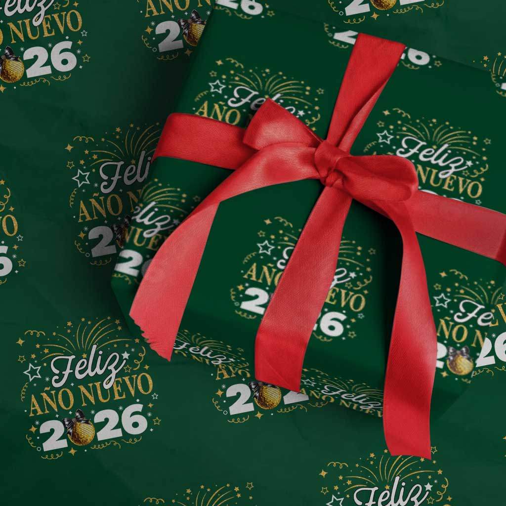 Spanish New Year 2026 Wrapping Paper Roll Feliz Ano Nuevo NYE Party Faux Glitter Effect Printed TS11 Green Print Your Wear