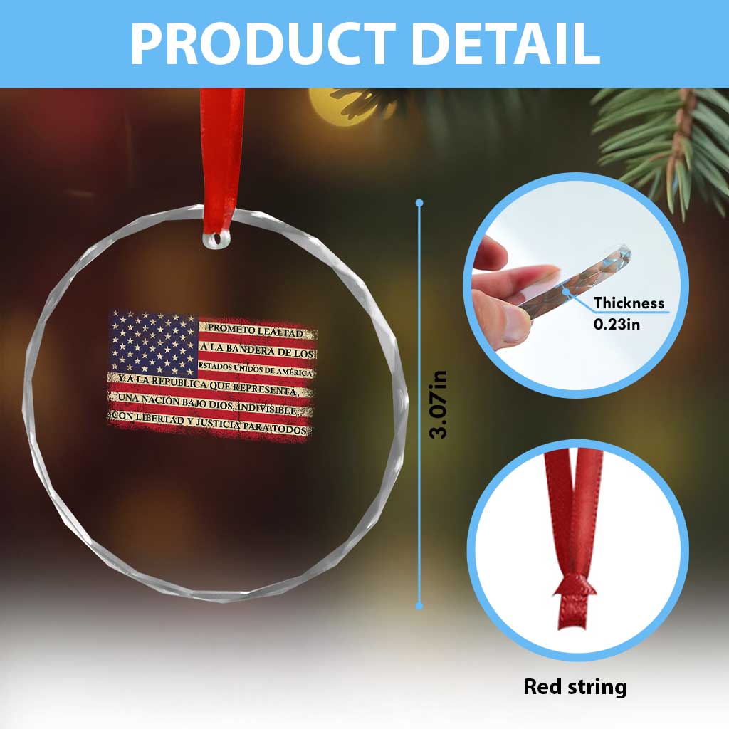 Spanish Pledge of Allegiance USA Flag Vintage Patriotic Graphic Crystal Glass Ornament American Patriot Promesa de Lealtad TS02 Print Your Wear
