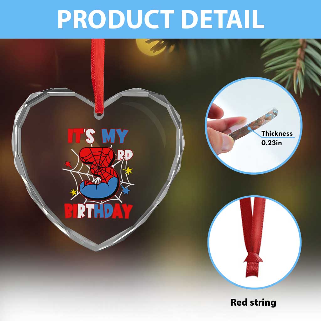 Spider Birthday Heart Crystal Glass Ornament It's My 3rd Bday Party 3 Years Old Boy TS02 Print Your Wear