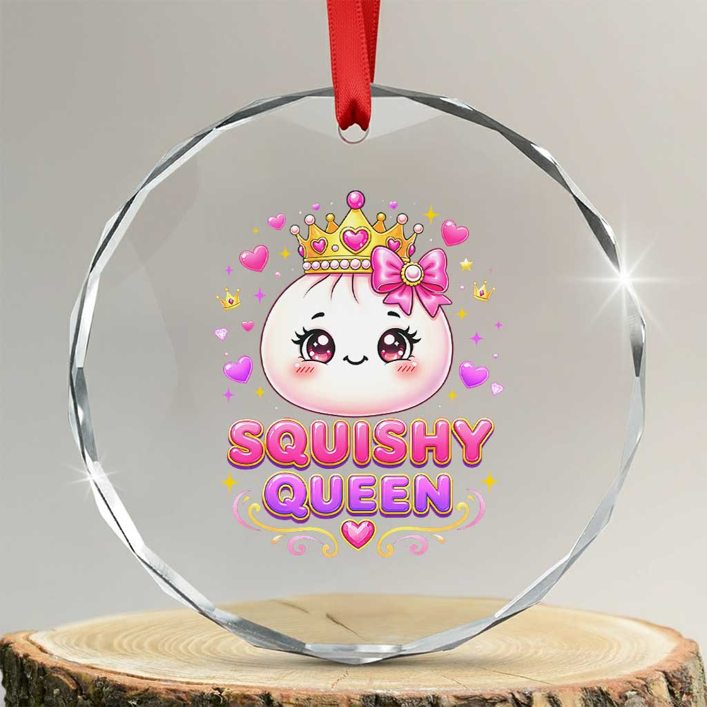 Squishy Queen Kawaii Glitter Dumpling Graphic Crystal Glass Ornament Cute Tiara Crown and Pink Bow TS02 Transparent Glass 3'' Circle Print Your Wear