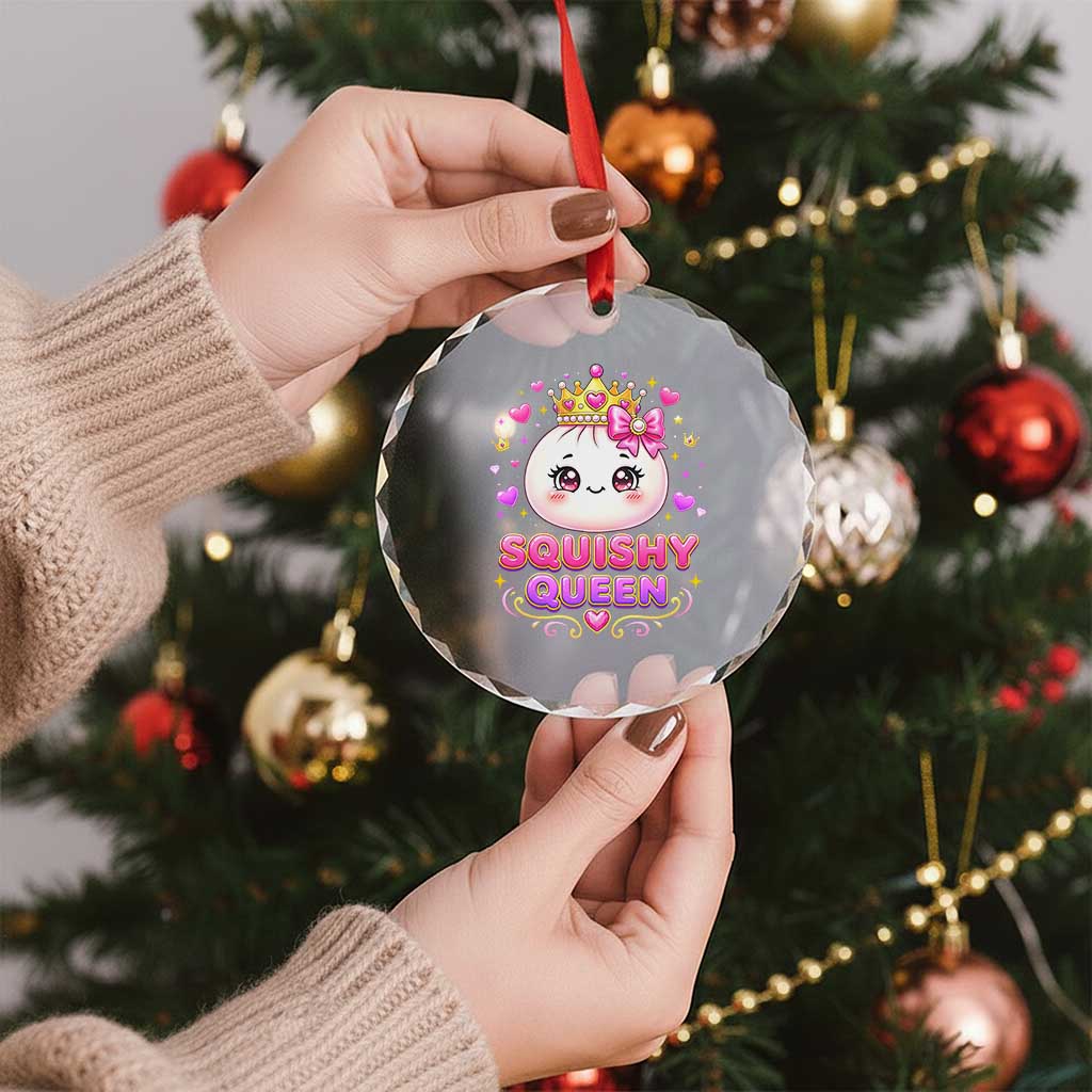 Squishy Queen Kawaii Glitter Dumpling Graphic Crystal Glass Ornament Cute Tiara Crown and Pink Bow