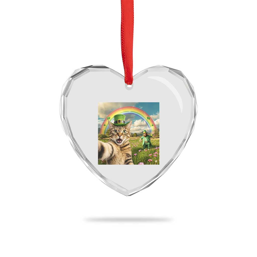 St Patricks Day Cat Selfie with Leprechaun Heart Crystal Glass Ornament TS11 Print Your Wear