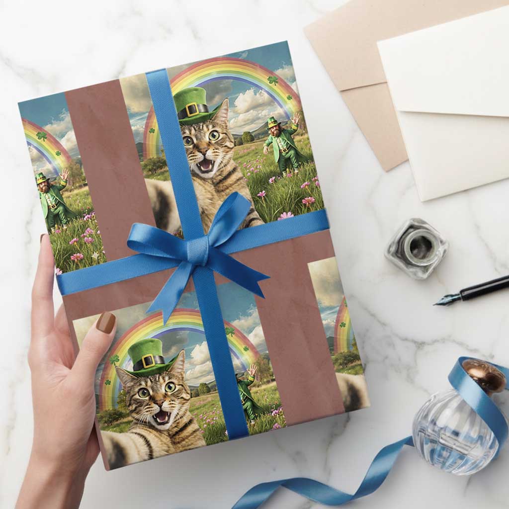 St Patricks Day Cat Selfie with Leprechaun Wrapping Paper Roll TS11 Mocha Print Your Wear