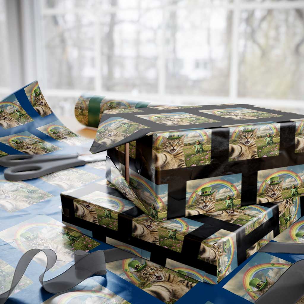 St Patricks Day Cat Selfie with Leprechaun Wrapping Paper Roll TS11 Black Print Your Wear