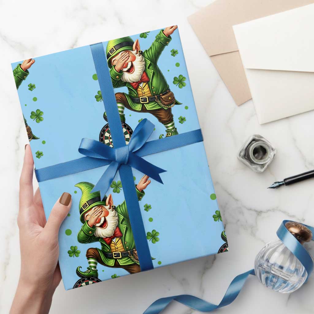St Patricks Day Cheerful Gnome Dabbing Wrapping Paper Roll Darts Lover Gift TS12 Light Blue Print Your Wear