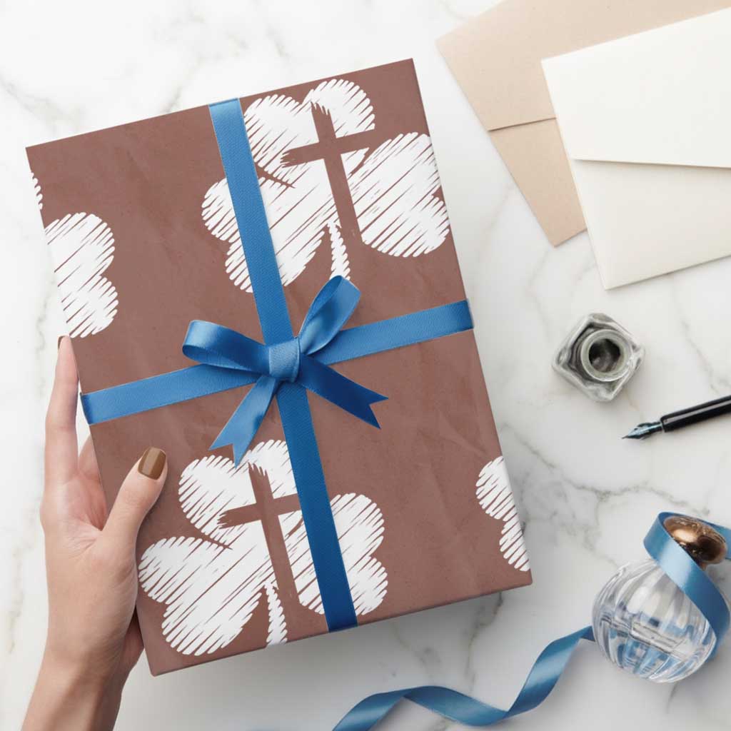 St Patricks Day Christian Religious Shamrock Cross Wrapping Paper Roll TS11 Mocha Print Your Wear