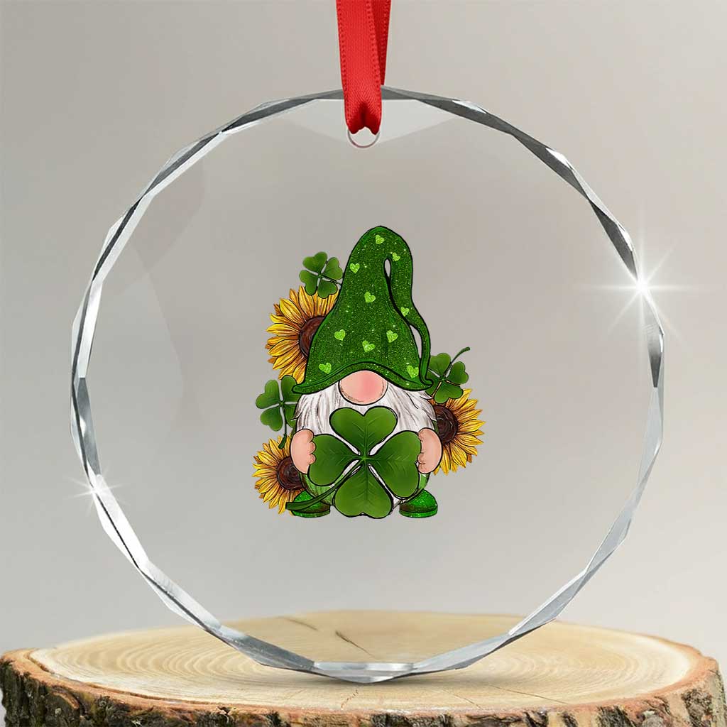 St Patrick's Day Cute Gnomes Crystal Glass Ornament Holding Shamrock Sunflower TS02 Transparent Glass 3'' Circle Print Your Wear