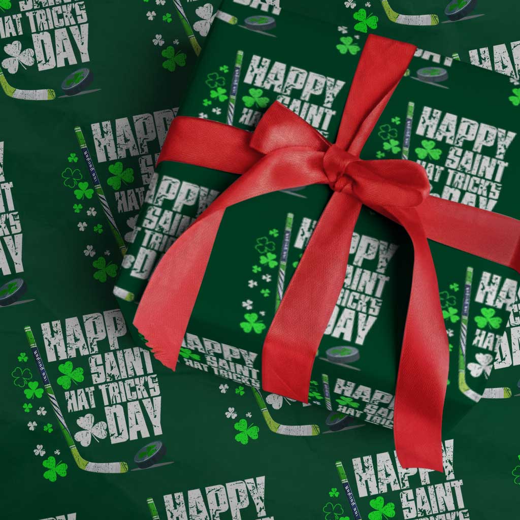 St. Patrick's Day Ice Hockey Wrapping Paper Roll Happy Saint Hat Trick's Lucky Shamrocks TS02 Green Print Your Wear