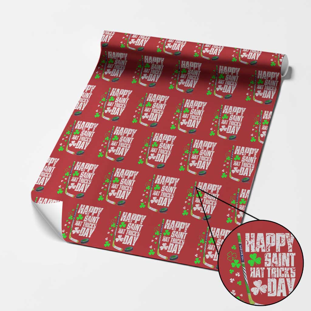 St. Patrick's Day Ice Hockey Wrapping Paper Roll Happy Saint Hat Trick's Lucky Shamrocks TS02 Red Print Your Wear