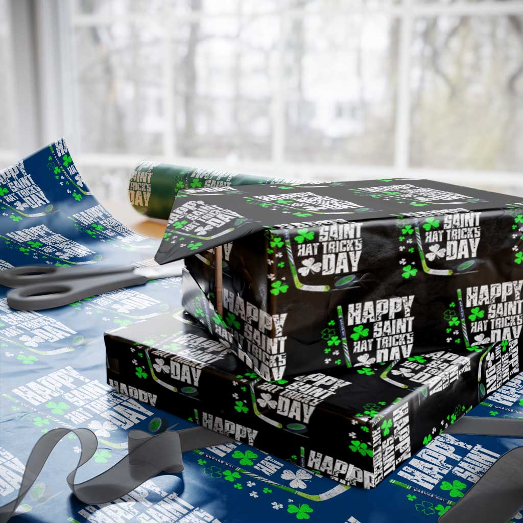 St. Patrick's Day Ice Hockey Wrapping Paper Roll Happy Saint Hat Trick's Lucky Shamrocks TS02 Black Print Your Wear