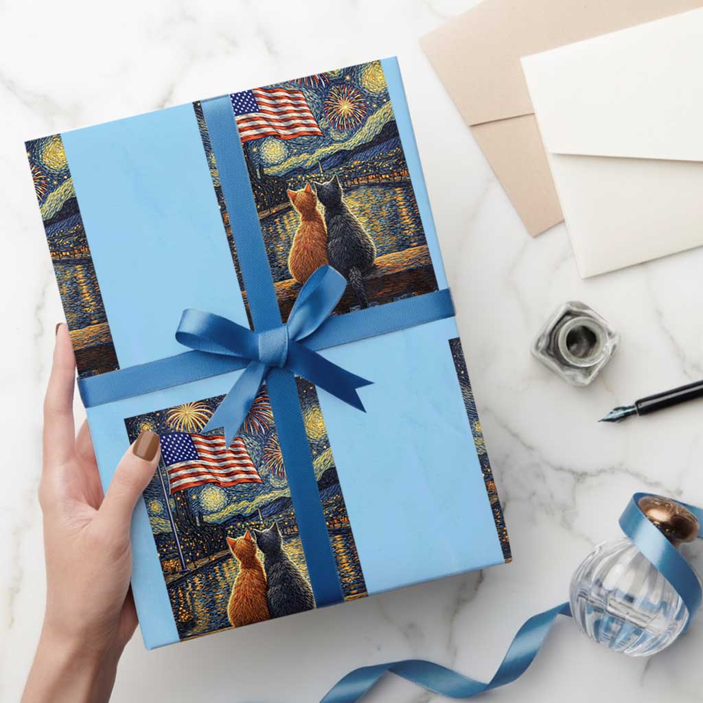 Starry Night Cat Patriotic American Pride Wrapping Paper Roll TS12 Light Blue Print Your Wear
