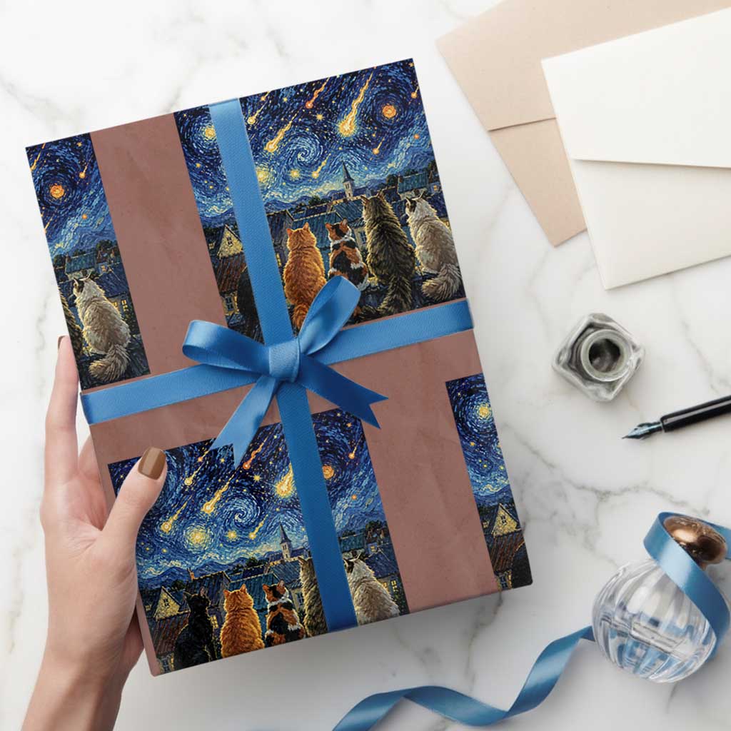 Starry Night Cats Watching Meteors Wrapping Paper Roll Astronomy Lover Gift