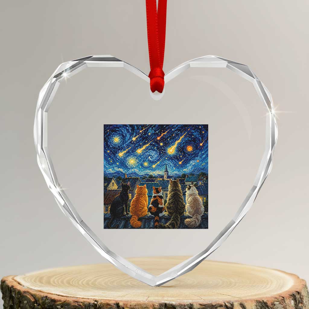 Starry Night Cats Watching Meteors Heart Crystal Glass Ornament Astronomy Lover Gift
