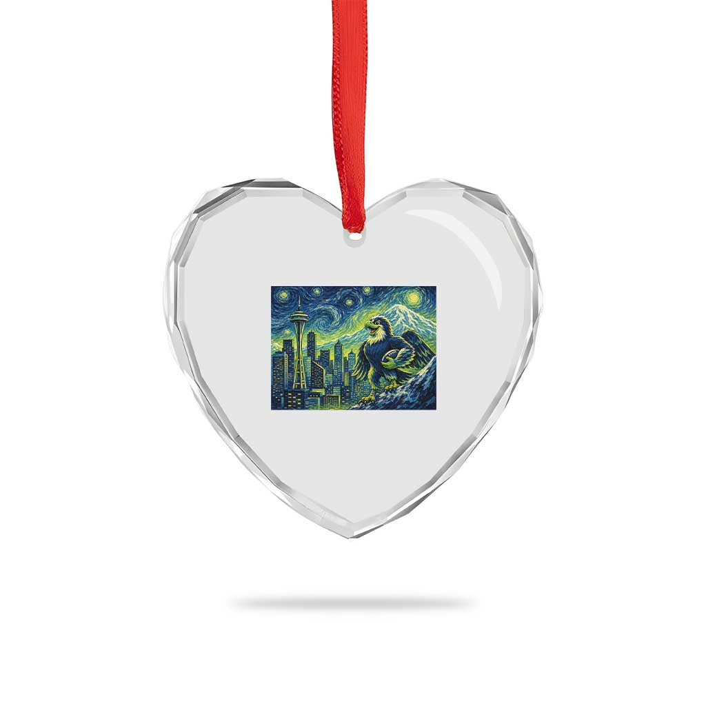 Starry Night Seattle Skyline Eagle Heart Crystal Glass Ornament Vintage Football Fan Pacific Northwest Pride