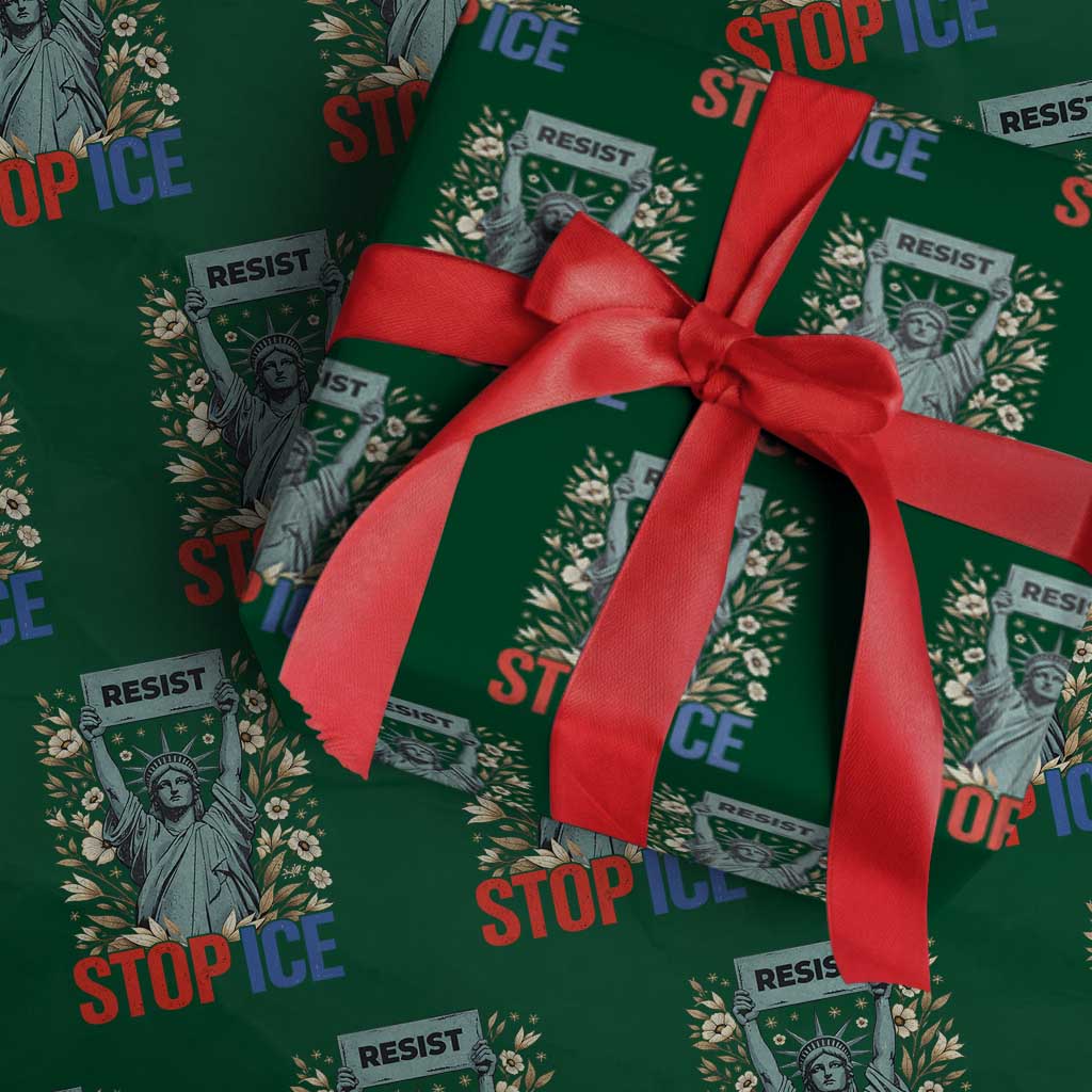 Statue of Liberty Resist Stop Ice Wrapping Paper Roll Floral Activist for Justice and Freedom TS02 Green Print Your Wear