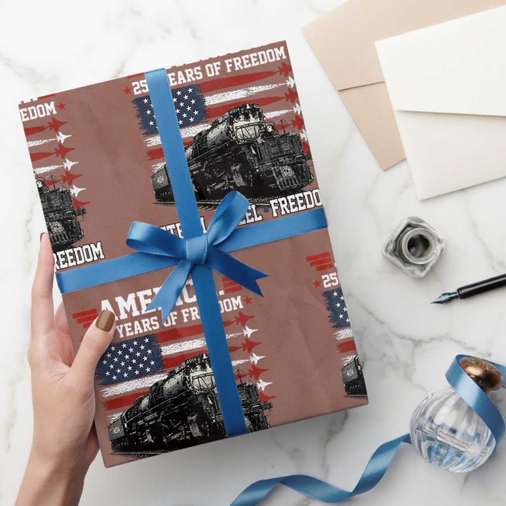 Steam Steel Freedom Stainless American Spirit Wrapping Paper Roll 250 Years USA Railroad Legend Patriotic Military Jet Flyover Graphic
