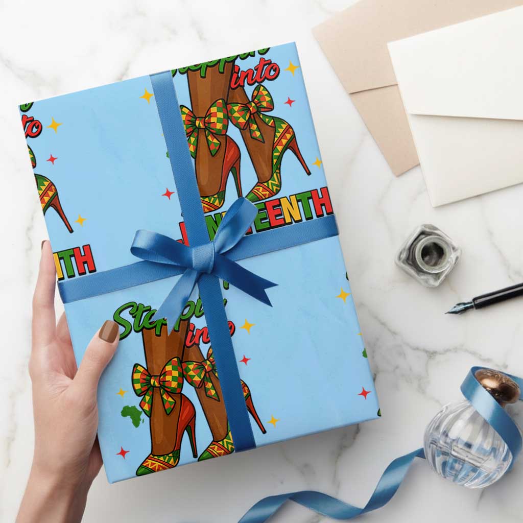 Stepping Into Juneteenth Wrapping Paper Roll Afro Diva High with African Pride TS02 Light Blue Print Your Wear