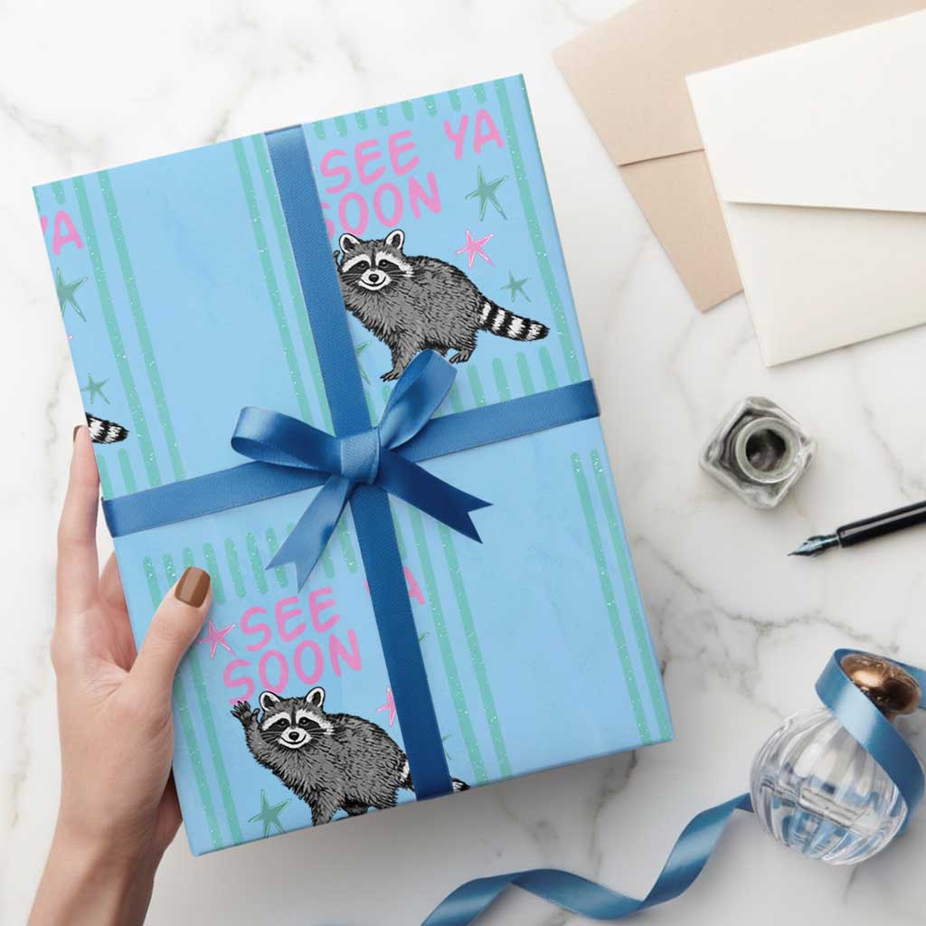 Striped Funny See Ya Soon Racoon Wrapping Paper Roll Last Day Of School Teacher TS14 Light Blue Print Your Wear