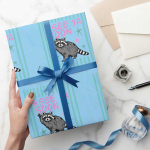 Striped Funny See Ya Soon Racoon Wrapping Paper Roll Last Day Of School Teacher TS14 Light Blue Print Your Wear