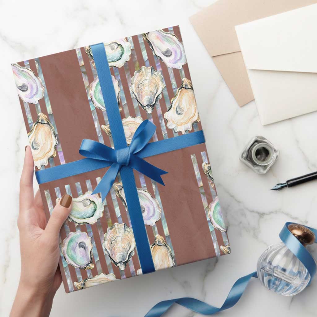 Striped Glitter Oyster Shell Wrapping Paper Roll Coastal Summer Ocean Gift