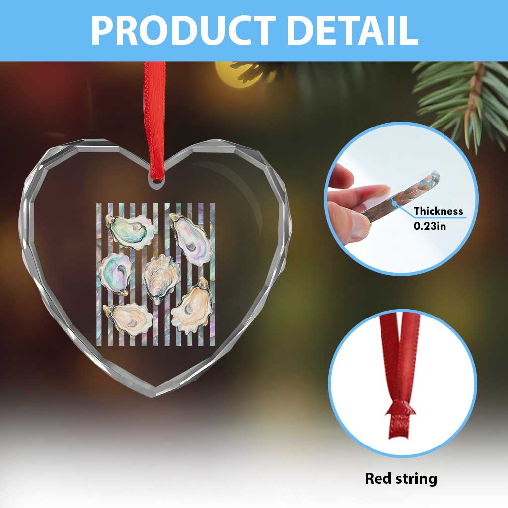 Striped Glitter Oyster Shell Heart Crystal Glass Ornament Coastal Summer Ocean Gift