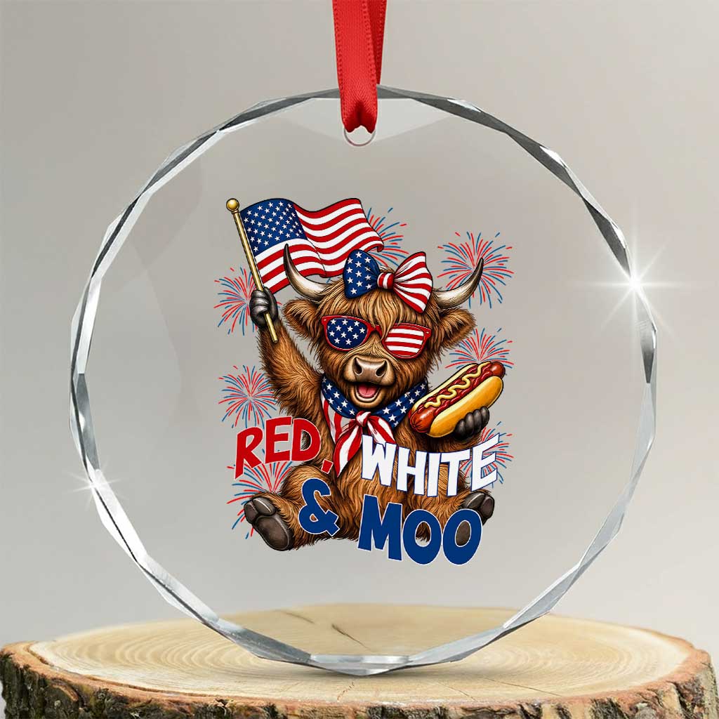 Striped Highland Cow 4th Of July Crystal Glass Ornament Red White And Moo TS12 Transparent Glass 3'' Circle Print Your Wear