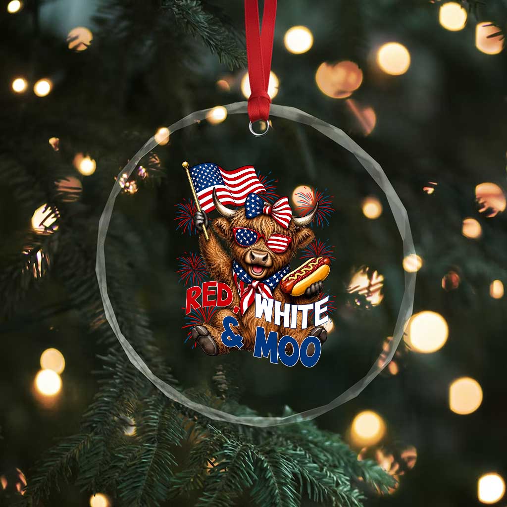 Striped Highland Cow 4th Of July Crystal Glass Ornament Red White And Moo TS12 Print Your Wear