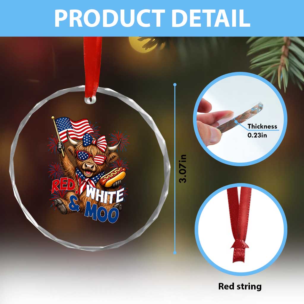 Striped Highland Cow 4th Of July Crystal Glass Ornament Red White And Moo TS12 Print Your Wear