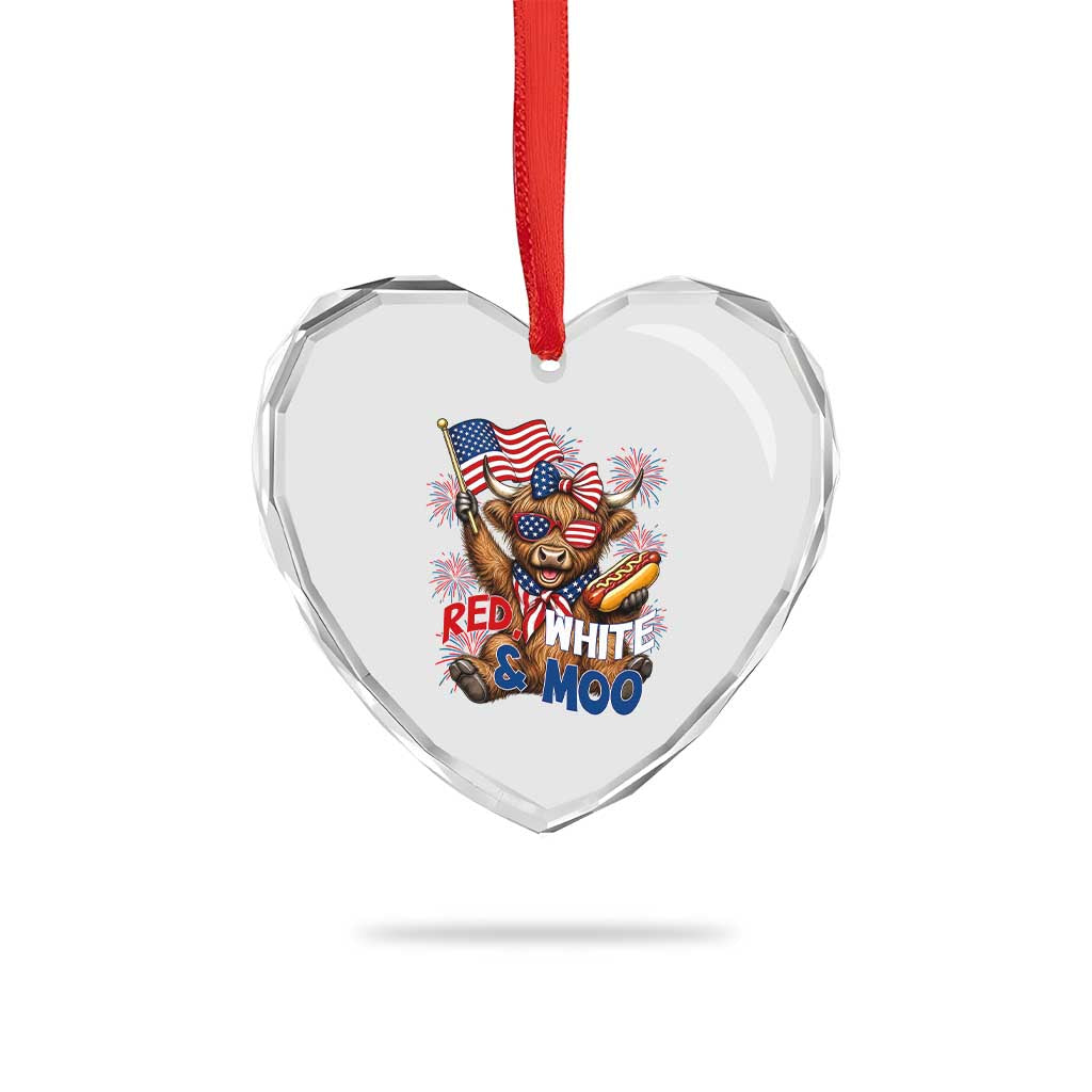 Striped Highland Cow 4th Of July Heart Crystal Glass Ornament Red White And Moo