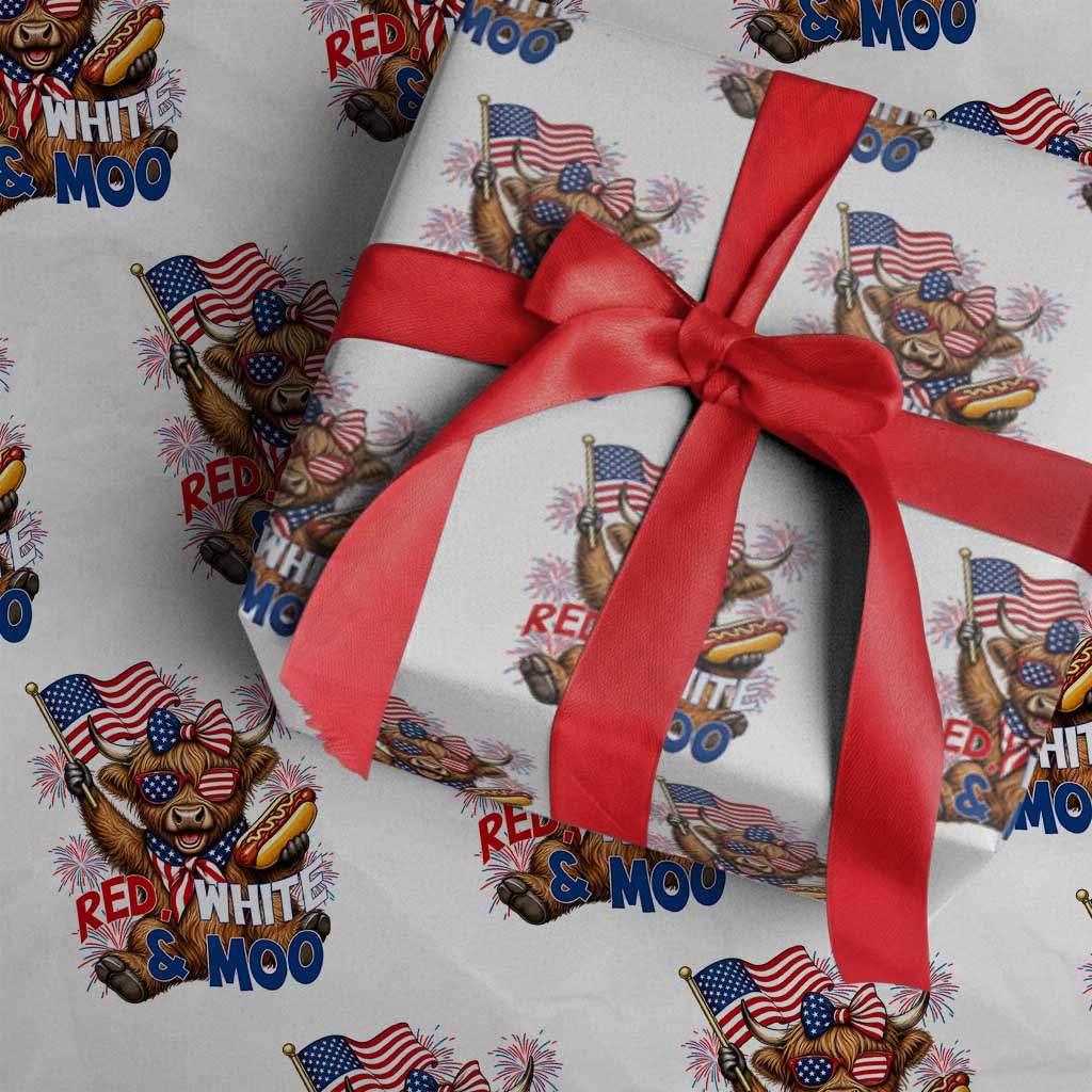 Striped Highland Cow 4th Of July Wrapping Paper Roll Red White And Moo